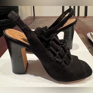 Vince V Camuto Jenny Black Peep Toe Suede Ruffle Slingback Heels